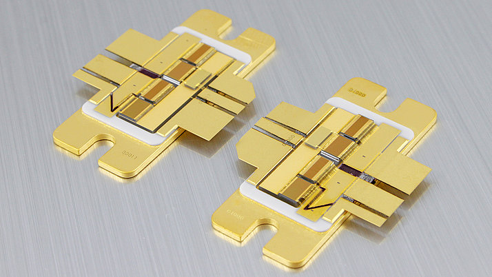 Two gold-colored semiconductor chips are displayed on a reflective surface. Each chip features multiple thin strips and connections.