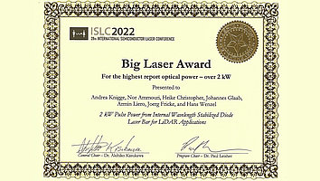 Urkunde des Big Laser Award von der ISLC 2022 in Japan