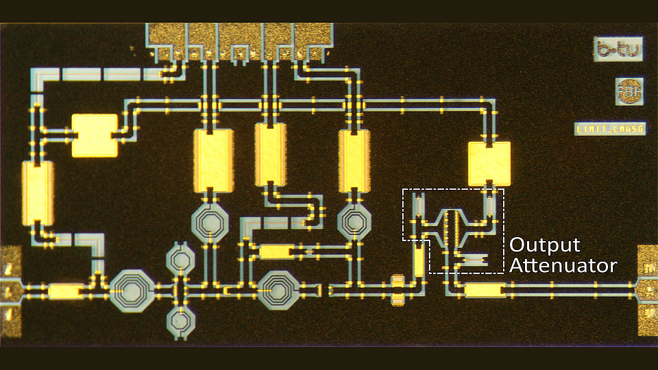 Fig. 1: Circuit diagram showing AlGaN/GaN output power limiting LNA MMIC chip.