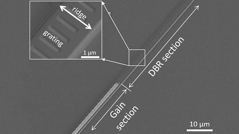 Fig. 1. Bird´s eye-view scanning electron microscope image of a DBR laser chip before the contact pad deposition.