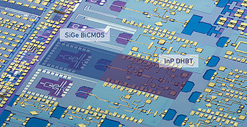 Detailed microcircuit with various technical structures. Two main areas are labeled: “SiGe BiCMOS” and “InP DHBT”. 