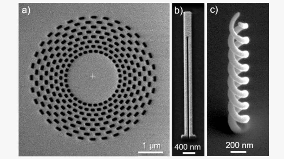 Three pictures showing a) Photonic bull’s eye cavity in suspended SiN, b) plasmonic two-wire waveguide and c) double helical antenna, both from gold.