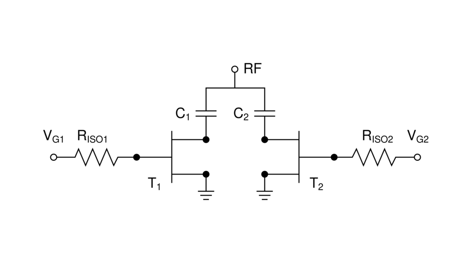 A circuit diagram featuring two voltage sources (VG1, VG2) connected through resistors (RISO1, RISO2) to two transformers (T1, T2), which link to capacitors (C1, C2) and a radio frequency (RF) connection.