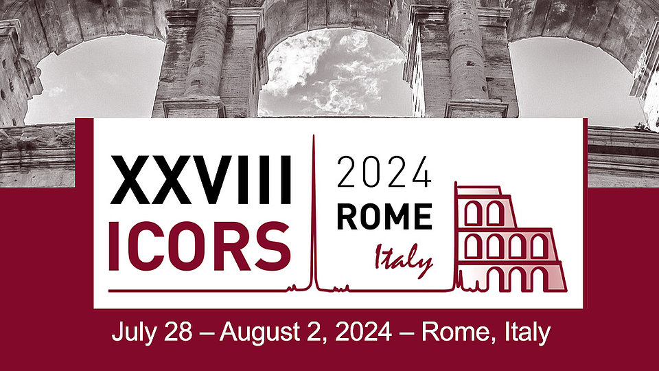 Logo for the XXVIII ICORS conference, scheduled from July 28 to August 2, 2024, in Rome, Italy. It features an illustration of a notable architectural structure.