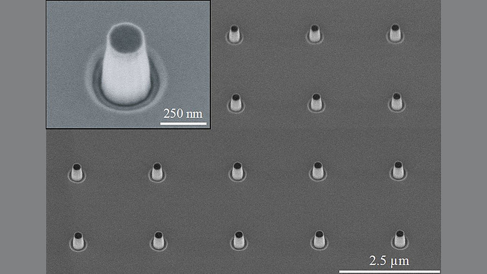 Fig. 1: Scanning electron micrograph showing a tilted view of the fabricated nanopillars