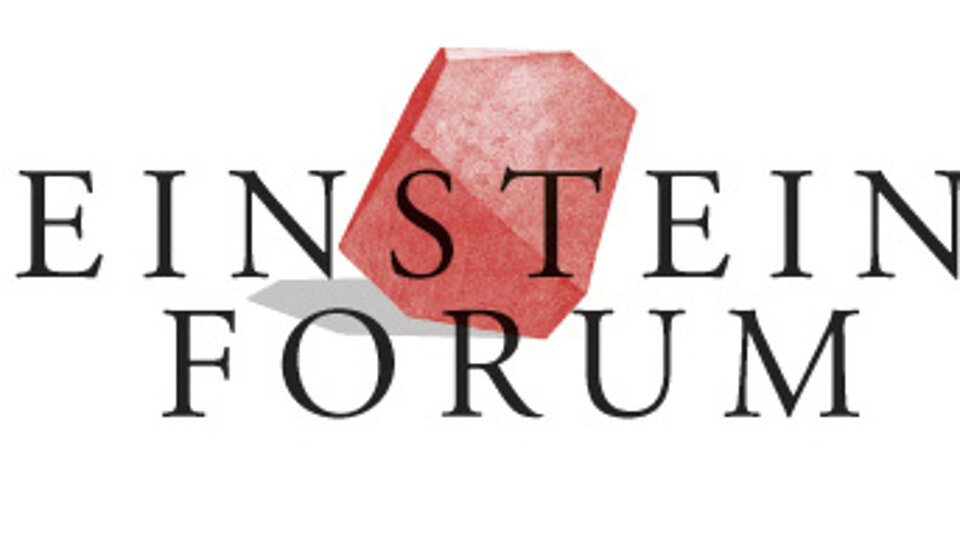 Logo des Einstein Forums. Es besteht aus dem Schriftzug „EINSTEIN FORUM“, begleitet von einer stilisierten roten Form, die an einen Würfel oder Stein erinnert.