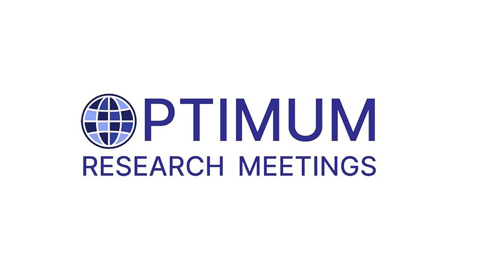 Logo for the "OPTIMUM RESEARCH MEETINGS" in a bold, blue font, alongside a simple globe design. 