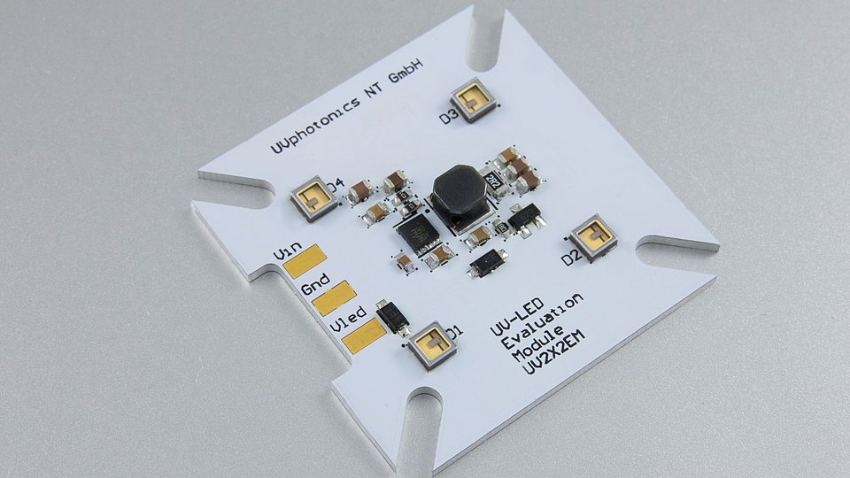 PCB with UV-LED array and driver circuit – assembly for FBH Spin-off UVphotonics