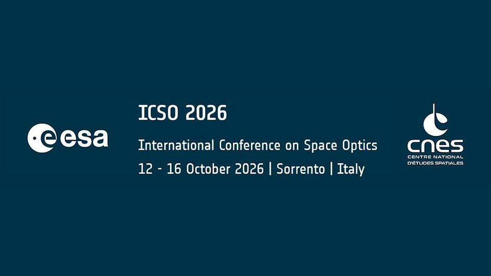 Banner zur International Conference on Space Optics (ICSO 2026), die vom 12. bis 16. Oktober 2026 in Sorrent, Italien, stattfindet. Logos der ESA und CNES sind sichtbar.