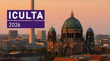Weitwinkelaufnahme der Berliner Skyline bei Sonnenuntergang, mit dem Berliner Dom im Vordergrund. Das ICULTA 2026 Logo ist auf der linken Seite platziert.
