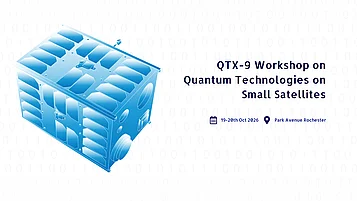 Grafik eines kleinen Satelliten mit Informationen über den QTX-9 Workshop zu Quantentechnologien. Datum: 19.-20. Oktober 2026, Veranstaltungsort: Park Avenue, Rochester.