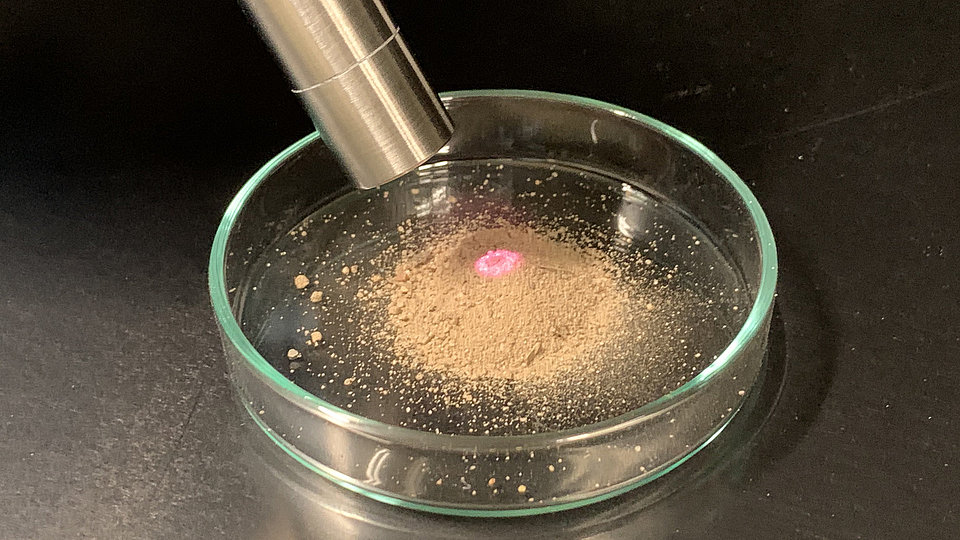 Light emitted from a Raman optode is directed towards soil for spectroscopic measurements.