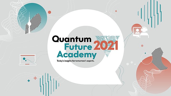 Ein stilisiertes Grafikelement mit dem Text „Quantum Future Academy 2021“. Darunter steht „Heutige Erkenntnisse für die Experten von morgen“. 