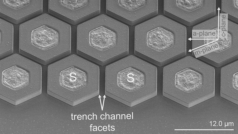 Hexagonale Struktur mit Orientierung parallel zur a-Ebene auf ammonothermalem GaN-Substrat.