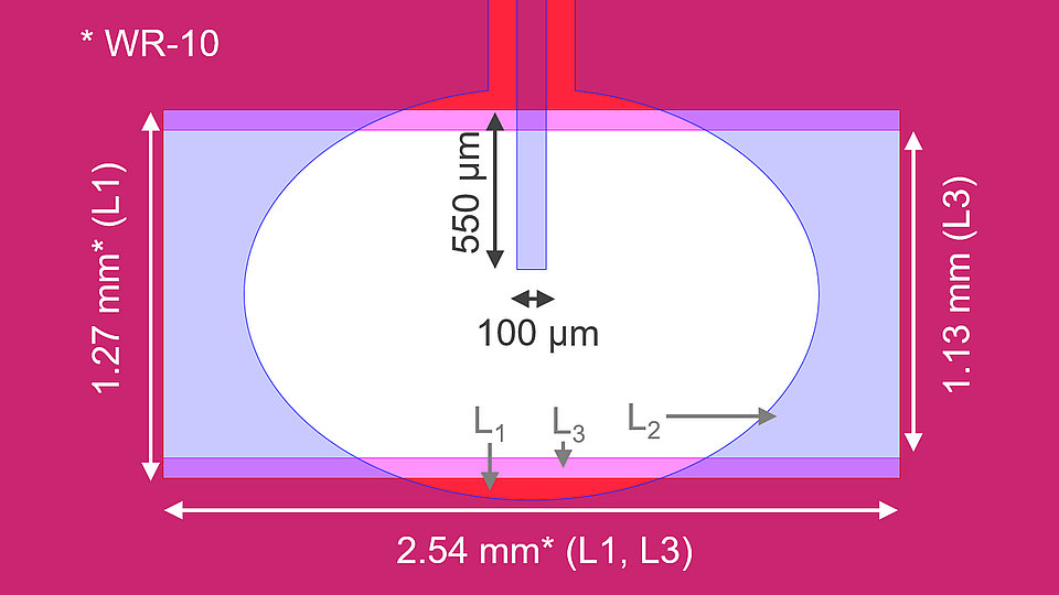 Schematic diagram depicting a WR-10 waveguide with dimensions labeled. It features a central oval region with measurements, including a width of 100 µm and a height of 550 µm. The overall dimensions are marked as 2.54 mm (L1, L3) in length and 1.27 mm (L1) or 1.13 mm (L3) in width. Arrows and labels indicate specific sections and layers of the structure.