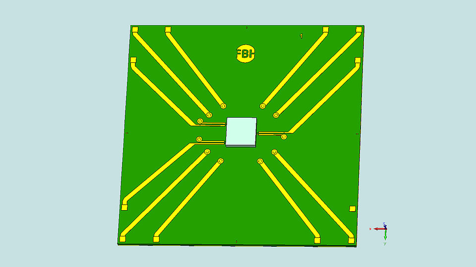 Three-dimensional model of a 1.2 cm x 1.2 cm aluminum nitride chip for generating a magnetic flux density in the diamond at 2.879 GHz to excite a magnetic field sensor. The sensor is based on an ensemble of nitrogen vacancy centers in diamond. The circuit board was designed based on 3D field simulations so that it meets the requirements for the quantum sensor.