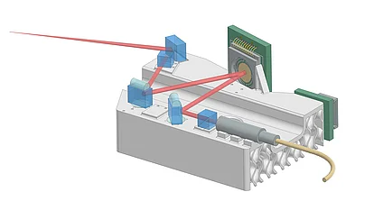 3D CAD rendering of an optical setup on a metal housing. Red laser beams pass through several transparent blue optical elements.