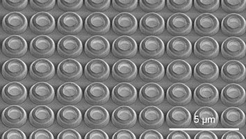 Image of an array of UV micro-LEDs, a so called array, through the scanning electron microscope. 