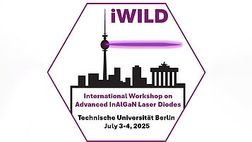 Logo for the international workshop “iWILD” on advanced InAlGaN laser diodes. The design shows the Berlin skyline and contains a purple beam of light.