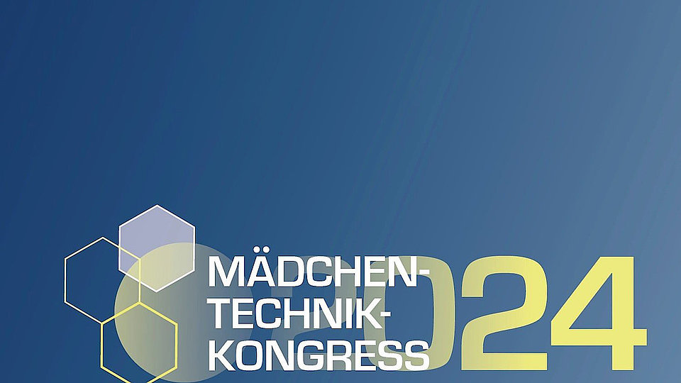 Grafik für den Mädchen-Technik-Kongress 2024. Der Hintergrund ist blau, mit geometrischen Formen in verschiedenen Grautönen.