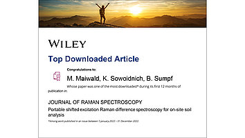 Certificate honoring the publication "Portable shifted excitation Raman difference spectroscopy for on-site soil analysis" as one of the most downloaded papers of the Journal of Raman Spectroscopy.
