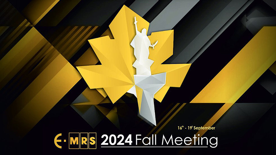 Stylized maple leaf design in yellow and black. In the center, there is a white abstract figure. Below, text reads "E-MRS 2024 Fall Meeting," with dates from September 16th to 19th.