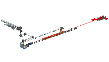 Diagram illustrating a laser-driven plasma-accelerator featuring conveyor belts, pipes, and machinery. The presentation is kept in a clear, detailed form.
