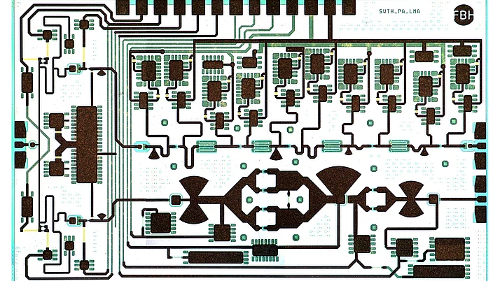 Technisches Schaltbild eines elektronischen Schaltkreises. Es zeigt eine komplexe Anordnung aus Widerständen, Transistoren und Verbindungen, die in verschiedenen Formen angeordnet sind.