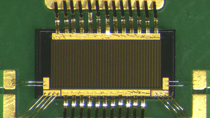 Close-up of an electronic component featuring a rectangular chip with multiple fine gold pins attached on the sides. The background consists of a green circuit board.