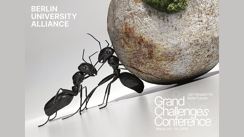 Werbebild für die Grand Challenges Conference der Berlin University Alliance, 23.-25. März 2026, mit zwei Ameisen, die einen Stein schieben.