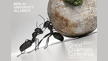 Werbebild für die Grand Challenges Conference der Berlin University Alliance, 23.-25. März 2026, mit zwei Ameisen, die einen Stein schieben.