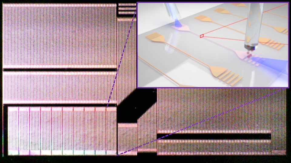 The image shows a microscopic view of a semiconductor chip with fine lines and structures. The embedded detail illustrates a process for manufacturing or analyzing these structures.