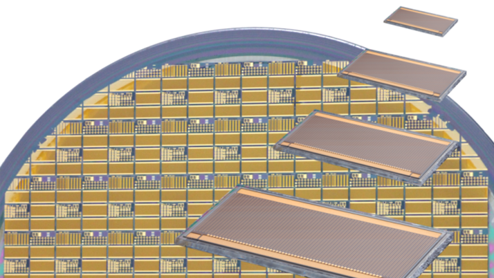 A circular wafer, showcasing a grid of gold and blue circuitry patterns. Several rectangular chip-like components hover above the wafer, illustrating the process of semiconductor fabrication.