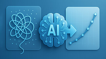 Konzept der Künstlichen Intelligenz. Auf der linken Seite sieht man ein chaotisches Muster, während ein Gehirn mit dem Wort "AI" in der Mitte platziert ist. Rechts zeigt ein Diagramm einen ansteigenden Trend, der Fortschritt symbolisiert.