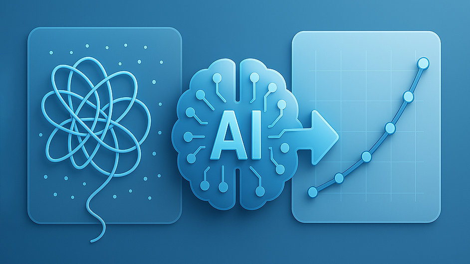 Konzept der Künstlichen Intelligenz. Auf der linken Seite sieht man ein chaotisches Muster, während ein Gehirn mit dem Wort "AI" in der Mitte platziert ist. Rechts zeigt ein Diagramm einen ansteigenden Trend, der Fortschritt symbolisiert.