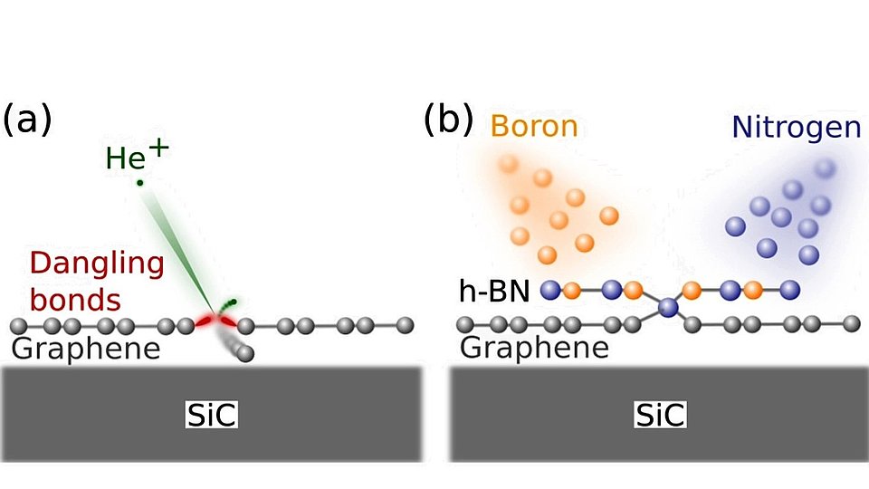 Schematic: (a) Defects will be induced in graphene at specific locations via a focused He ion beam. (b) These defects offer dangling bonds for a controlled nucleation of h-BN.