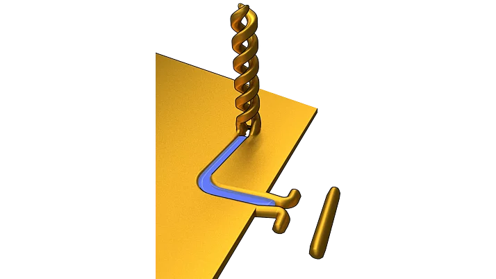 A screw with a spiral-shaped head is embedded in a yellow workpiece. Next to it is a blue L-shaped fastening clip and a small, straight metal pin.