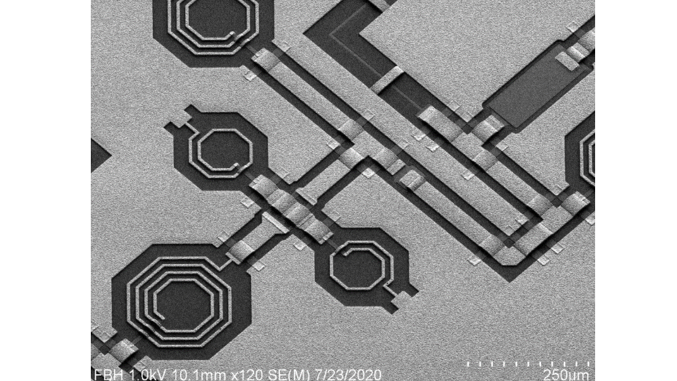 GaN-MMIC circuit detail with active devices, spiral inductors, MIM capacitors and coplanar lines