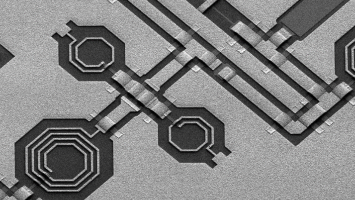 Close-up of a microchip design, featuring intricate pathways and geometric shapes, including octagonal and rectangular structures. The grayscale tones highlight the detailed textures of the electronic components, illustrating the complexity of integrated circuits. A scale bar indicates a measurement of 250 micrometers.