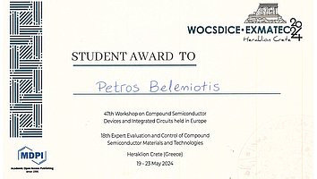 Certificate of the Best Student Paper Award at the WOCSDICE-EXMATEC 2024 conference for Petros Beleniotis.