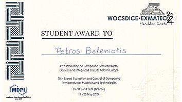 Urkunde über den Best Student Paper Award der WOCSDICE-EXMATEC 2024 Konferenz für Petros Beleniotis.