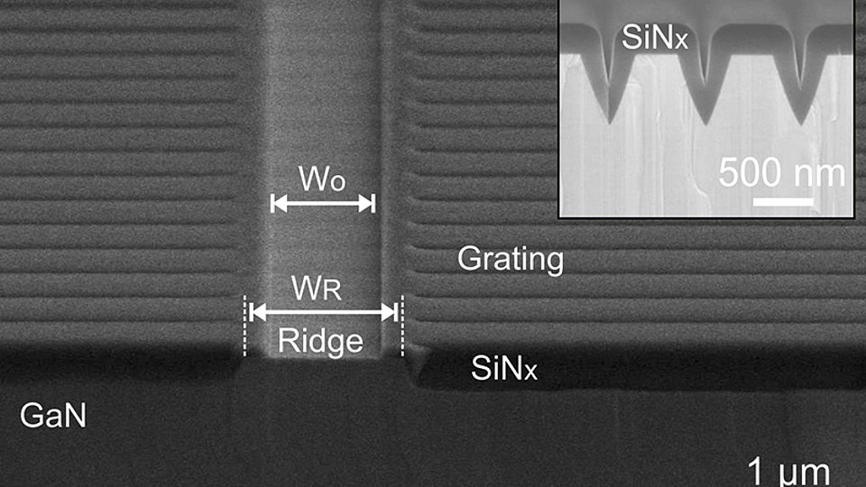 SEM images of the LC-DFB structure, with a cross section of the V-shaped groove (inset)