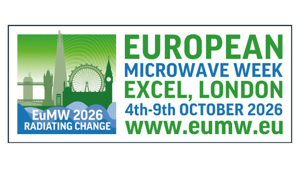 Logo zur European Microwave Week 2026 in London, das den Veranstaltungsort Excel sowie die Daten vom 4. bis 9. Oktober 2026 und die Webseite www.eumw.eu anzeigt.
