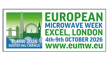 Logo zur European Microwave Week 2026 in London, das den Veranstaltungsort Excel sowie die Daten vom 4. bis 9. Oktober 2026 und die Webseite www.eumw.eu anzeigt.
