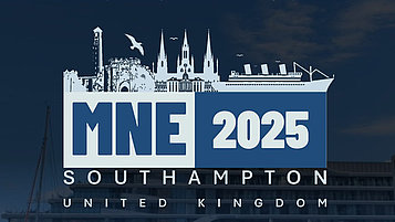 Logo for MNE 2025 in Southampton, United Kingdom. The design features a stylized representation of city architecture and a ship, emphasizing the maritime character of the city.