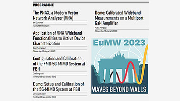 Picture with the program of the European Microwave Week 2023. On the right side the logo of the event: the Brandenburg Gate, through which a light wave with the colors of the German flag runs.