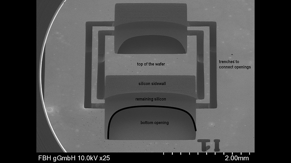 Tilted SEM image showing details of an opened shot in a 1 mm thick silicon wafer processed with a single run Bosch process. 