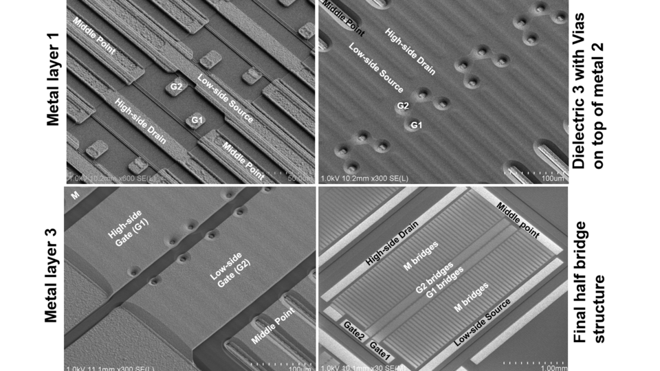 Mehrere Rasterelektronen-Mikroskopaufnahmen von integrierten Halbbrückenstrukturen während der Chipfertigung