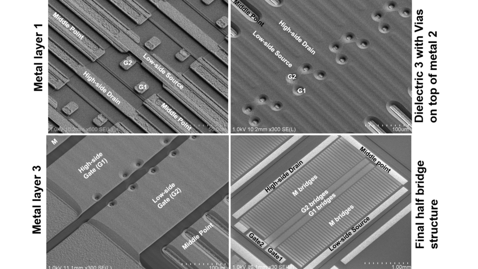 Scanning electron microscope images of integrated half bridge structures along processing