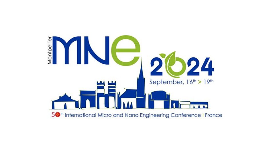 Graphic promoting the 50th International Micro and Nano Engineering Conference in Montpellier, France, scheduled for September 16-19, 2024. 